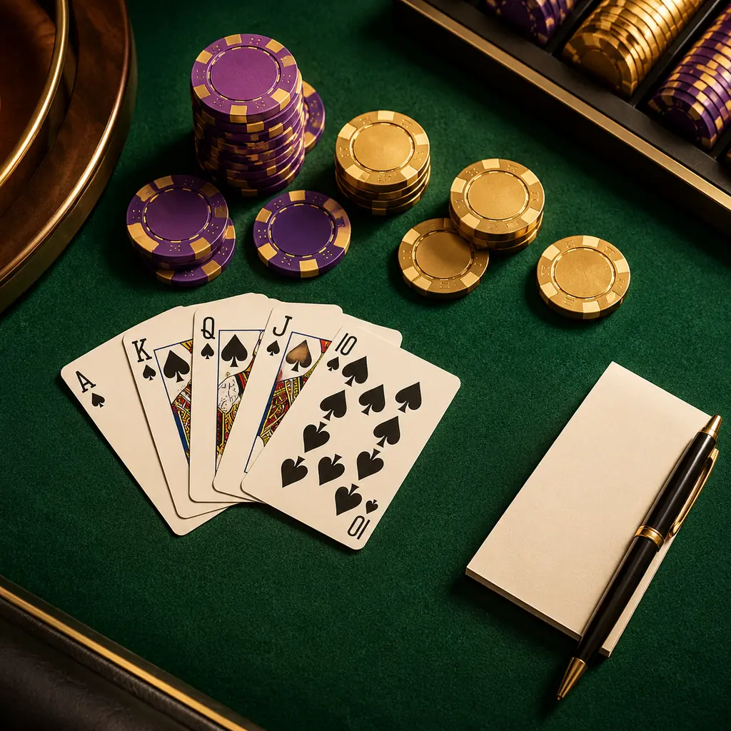 Meja kartu kasino dari atas dengan kartu terbuka, chip ungu, dan catatan kosong