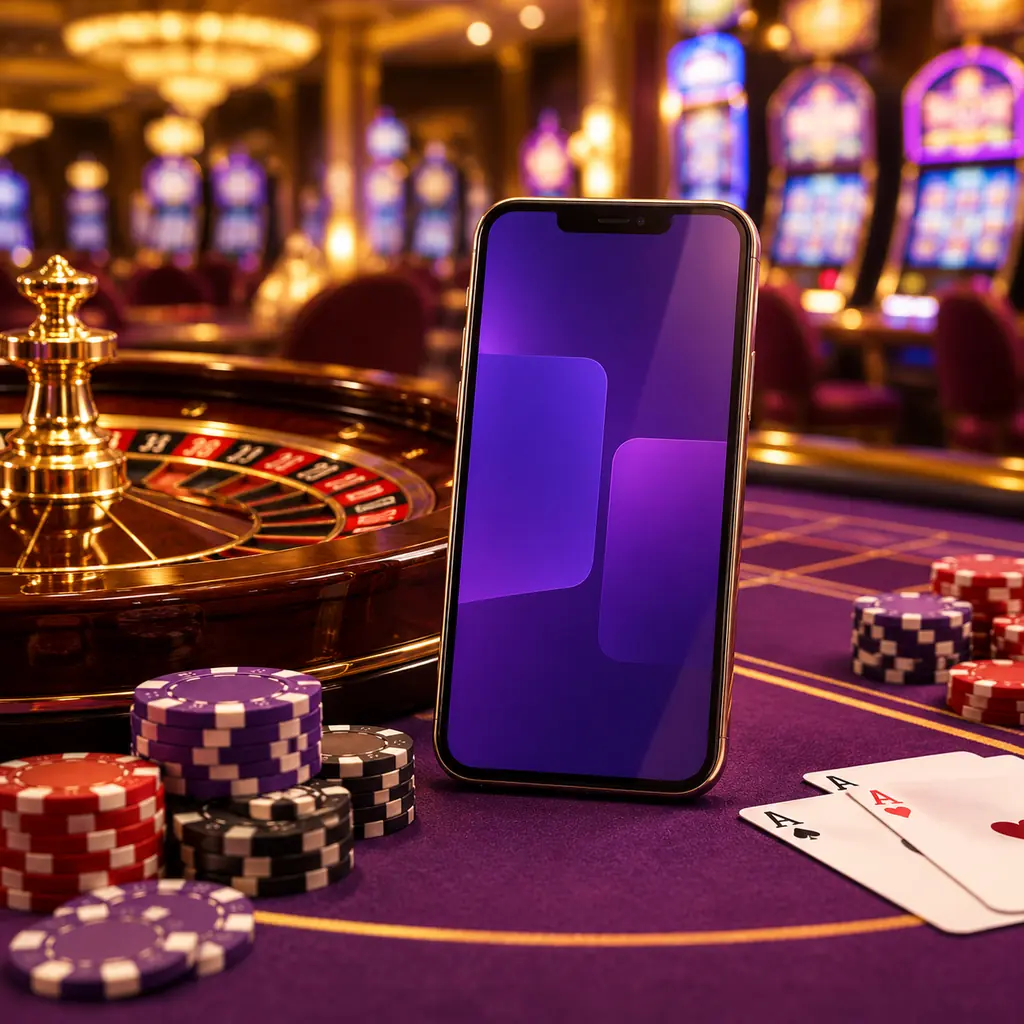 Ponsel di samping roda roulette mini dan chip di meja kasino
