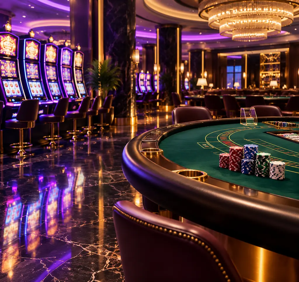 Lantai kasino bernuansa ungu dengan deretan mesin slot dan meja kartu berisi chip