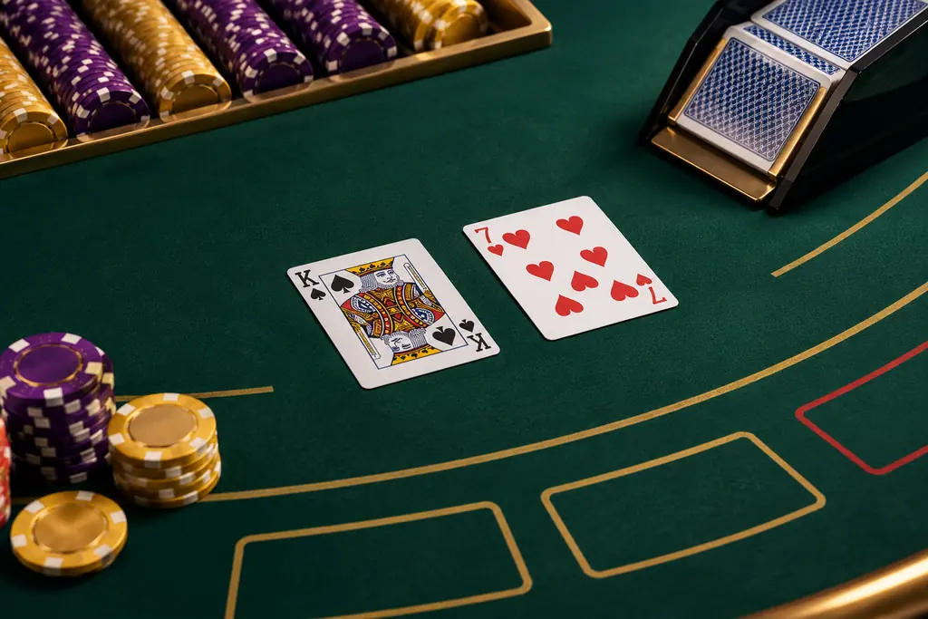 Meja baccarat dengan kartu terbuka, card shoe, dan chip di atas felt hijau
