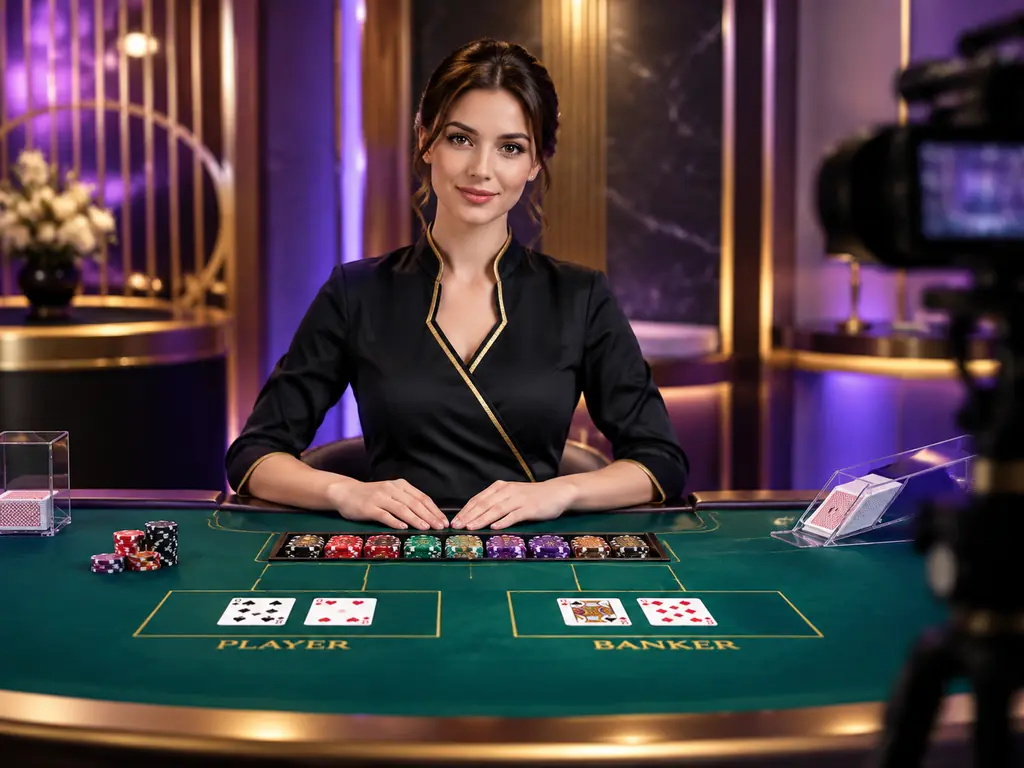 Meja baccarat langsung dengan dealer dewasa berseragam dan kartu terbuka