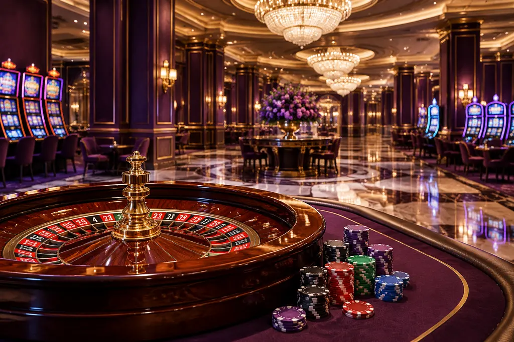 Lobi kasino dengan meja roulette, tumpukan chip, dan lampu gantung kristal