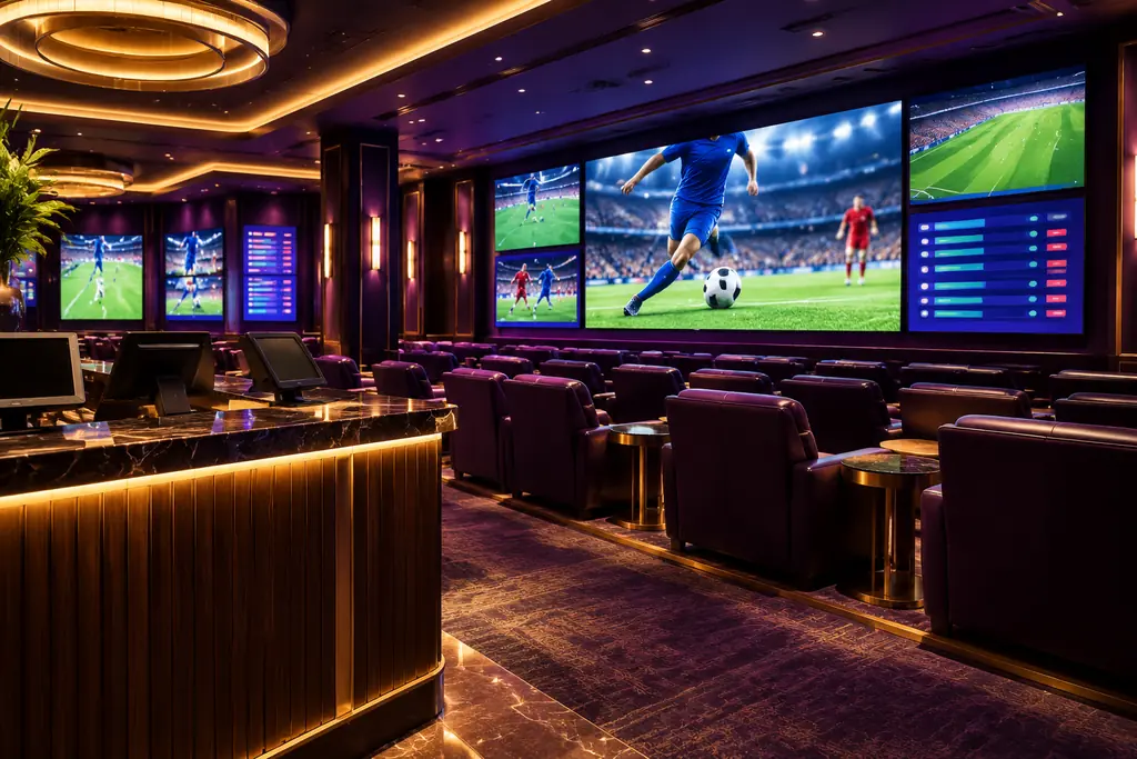 Dinding layar sportsbook di kasino dengan pertandingan sepak bola