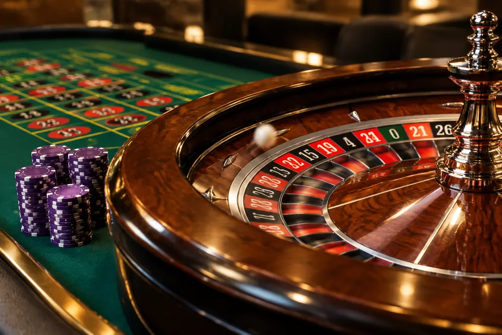 Roda roulette berputar di meja kasino dengan bola dan chip