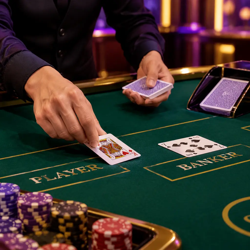 Tangan dealer dewasa membagikan kartu di meja baccarat kasino