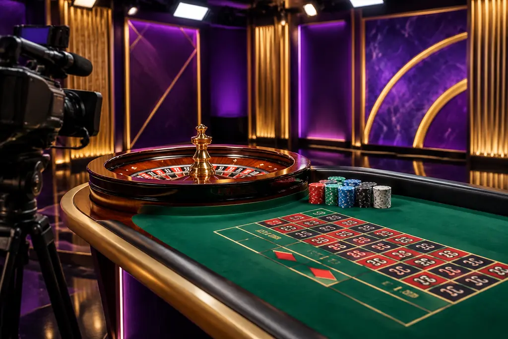 Studio live casino dengan meja roulette dan kamera siaran