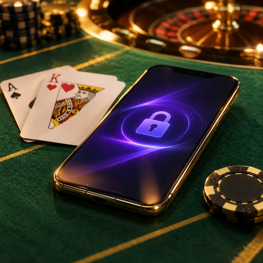 Ponsel di atas felt hijau kasino dengan kartu remi dan chip
