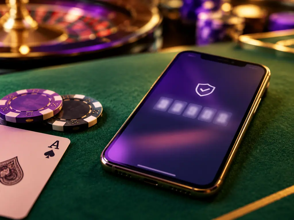 Ponsel menampilkan kode verifikasi samar di samping kartu remi dan chip kasino