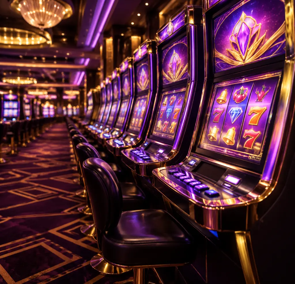 Deretan mesin slot menyala di lantai kasino bernuansa ungu
