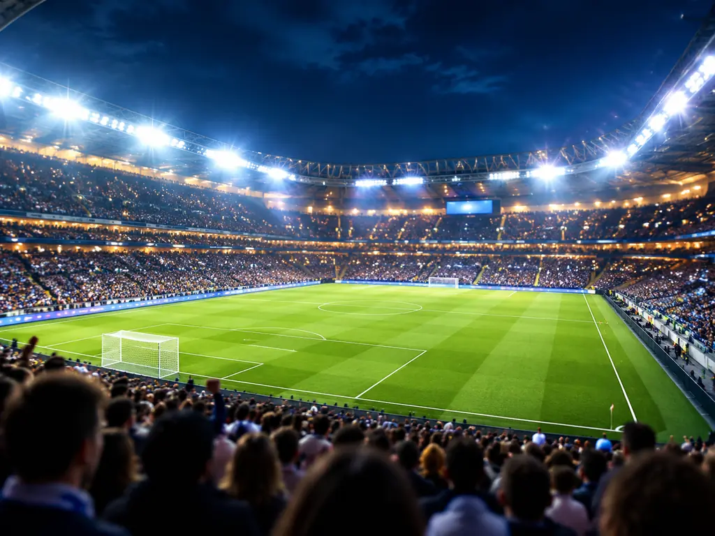 Stadion sepak bola malam hari dari tribun dengan lampu sorot