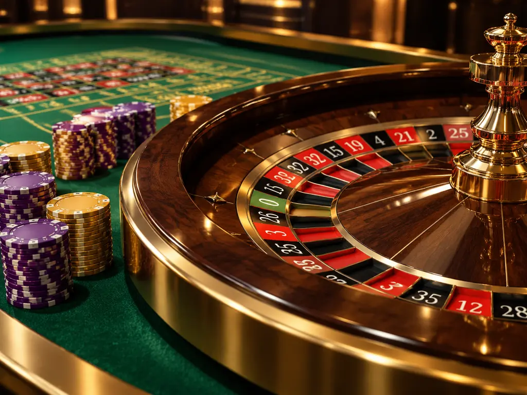 Meja roulette dari samping dengan roda berputar dan tumpukan chip